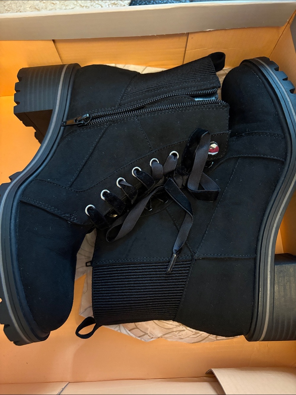 Women's Black Lace-Up Combat Boots with Knit Collar & Side Zip